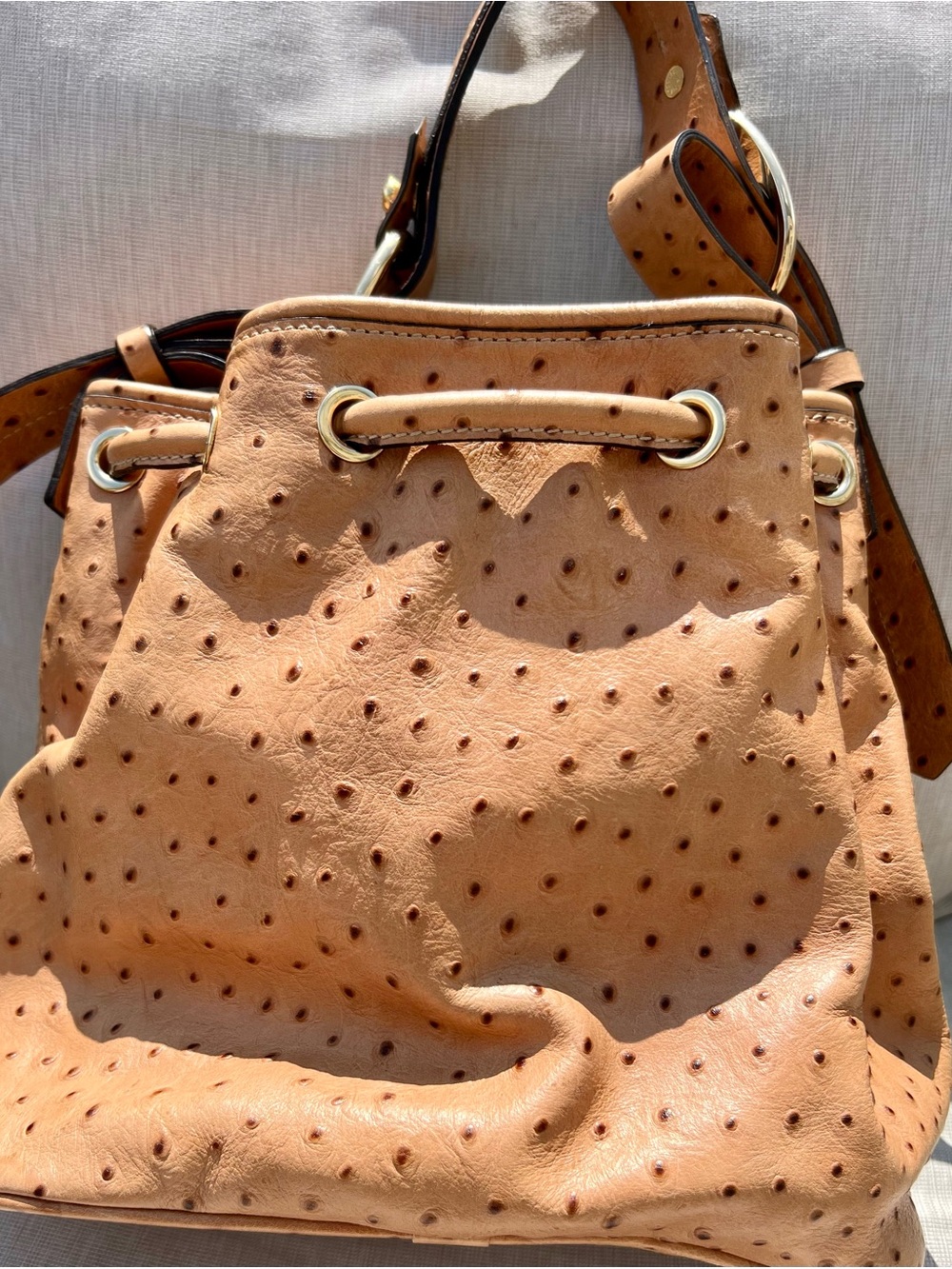 Dooney & Bourke Tan Ostrich-Embossed Leather Drawstring Bucket Bag - Picture 4 of 8